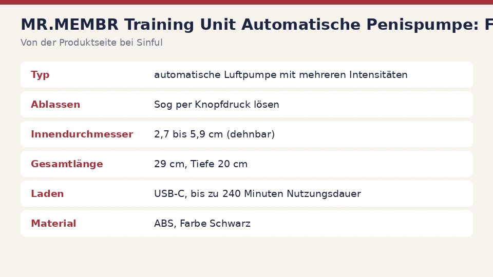 Faktenkarte zu MR.MEMBR Training Unit Automatische Penispumpe von der Produktseite bei Sinful: typ, ablassen, innendurchmesser und gesamtlänge auf einen Blick
