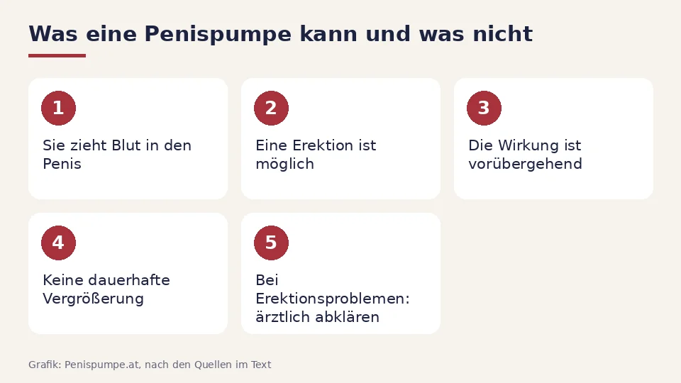 Penispumpe Wirkung in fünf Punkten: sie zieht Blut in den Penis, die Wirkung ist vorübergehend und eine dauerhafte Vergrößerung ist nicht möglich