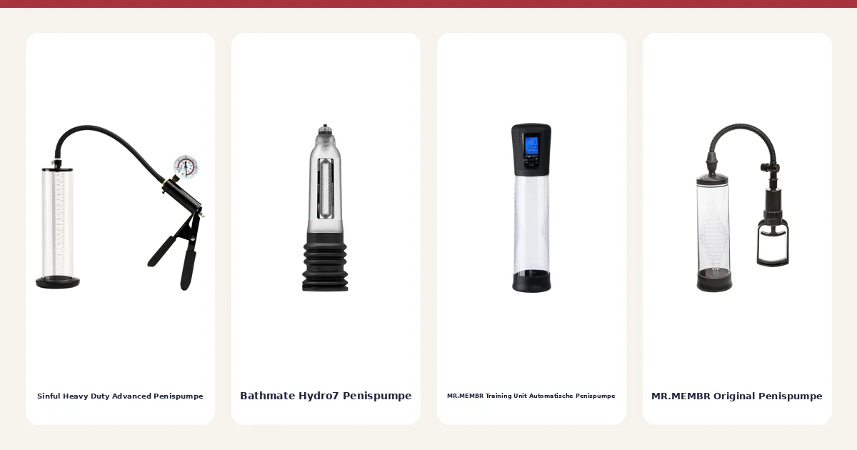 Vier Penispumpen aus der Rangliste nebeneinander: Sinful Heavy Duty Advanced Penispumpe, Bathmate Hydro7 Penispumpe, MR.MEMBR Training Unit Automatische Penispumpe und MR.MEMBR Original Penispumpe